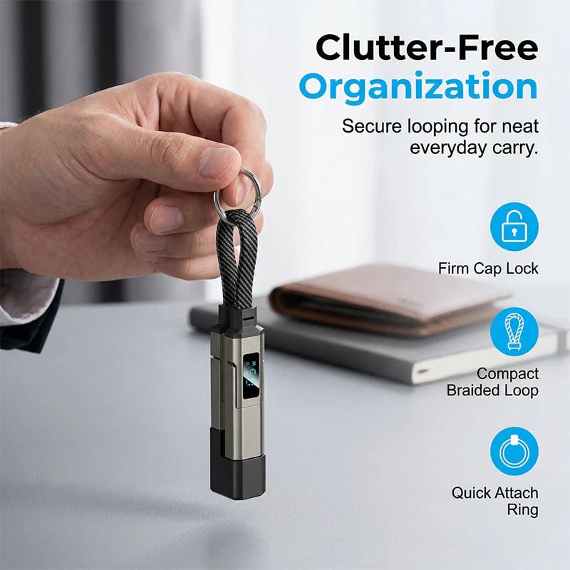 ๐ 4-in-1 Charging Cable with Digital Display & Keychain โ Fast-Charging, Kink-Resistant & Compact